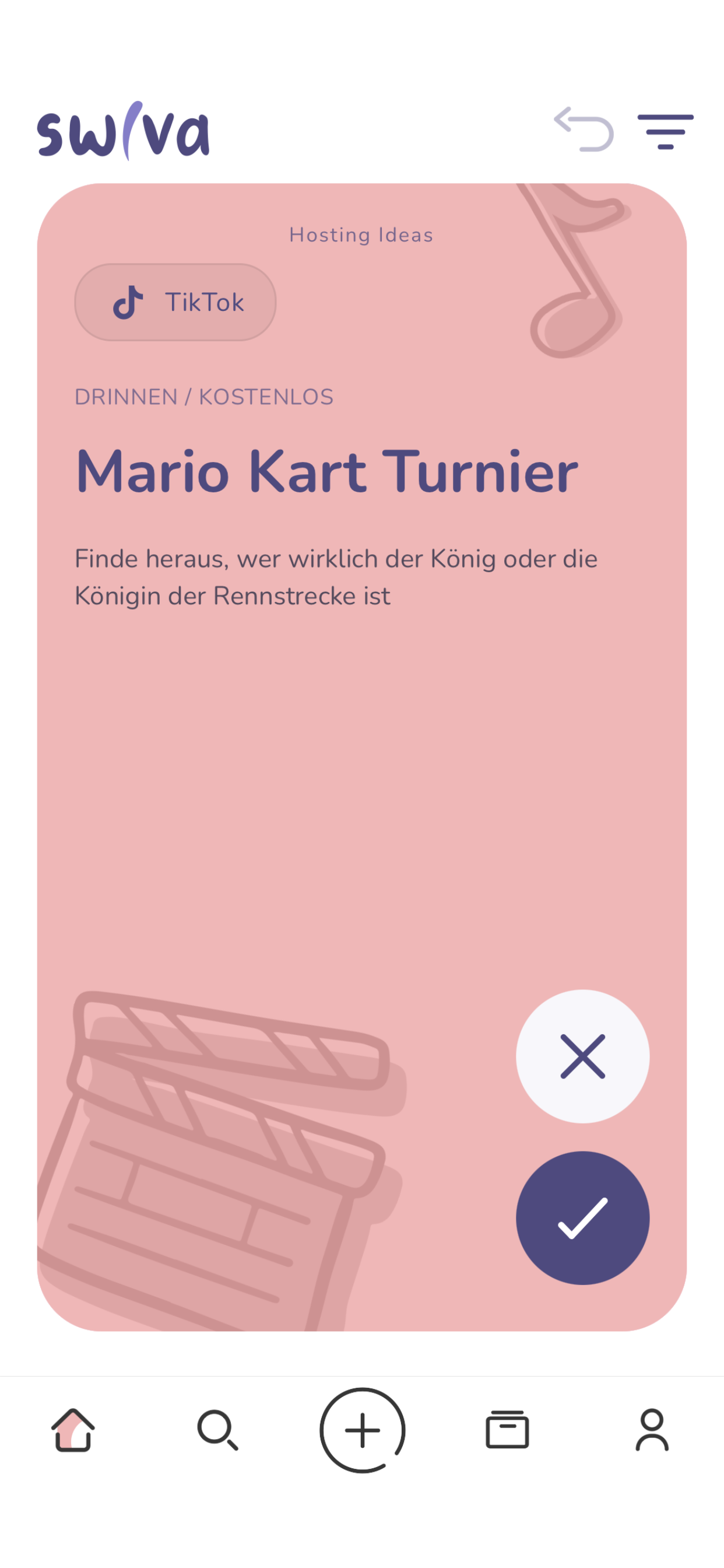 Eine Aktivitätsidee in der Swiva App, die ausgewählt oder übersprungen werden kann